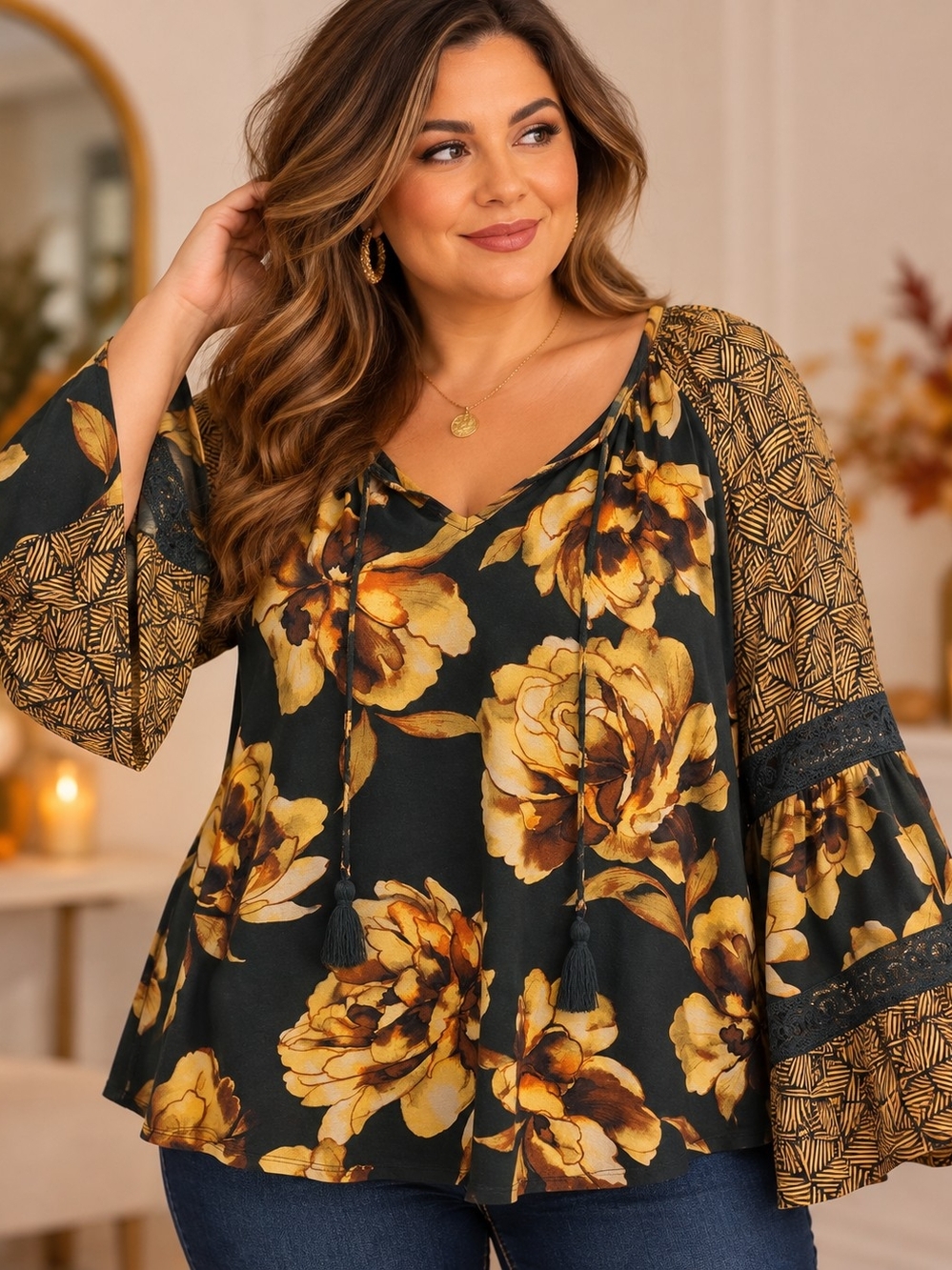 Cupio NWT XL Boho Floral Bell Sleeve Blouse Green Mustard Lace Trim